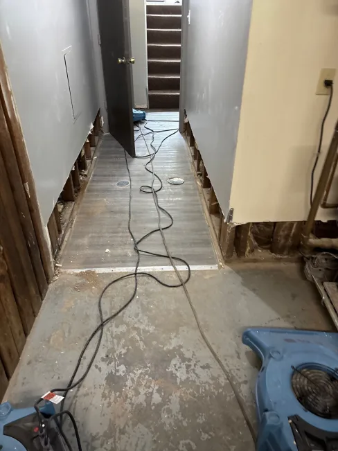 Flood cut drywall removed with dehumidifiers running to dry the exposed wall cavity and framing