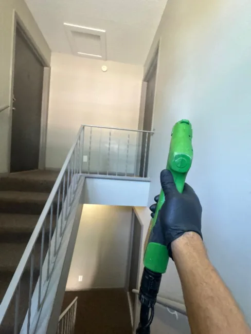 Technician applying plant-derived antimicrobial with an electrostatic sprayer after flood water removal