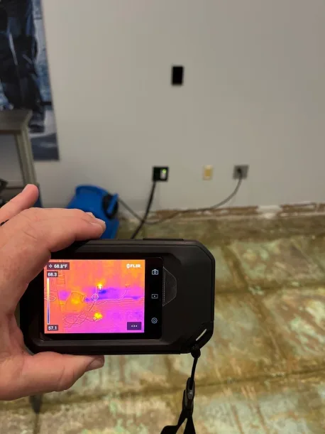 Thermal imaging scan showing cool signatures where moisture is trapped behind surfaces that appear dry