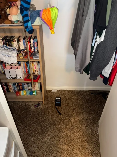 Moisture meter reading taken on carpet inside an apartment closet during the dry-out