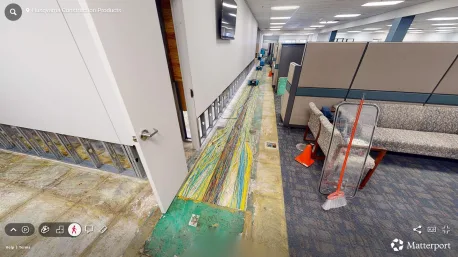 Long hallway of raised access flooring with data cable visible in the channel running beneath the panels