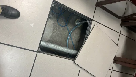Raised access floor panel removed to reach the flooded cable channel beneath the office floor