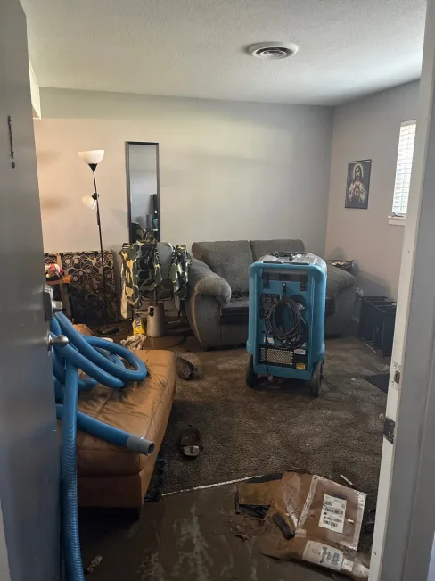 Commercial water mitigation equipment staged for a multi-unit apartment flood response
